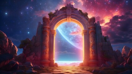 A glowing celestial gate opening to reveal a radiant paradise, fantasy and mythology desktop wallpaper backdrop, cinematic HDR vibrant theme colors, promo movie sales poster banner book cover