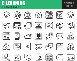 Comprehensive Flat Icon Bundle Focused on E-Learning Features Including Online Lessons, Virtual Classrooms, Digital Certification, Student Portals, and Web Education