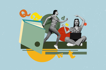 Pop art full zine photo collage of happy girl guy stand library academic book stack education...