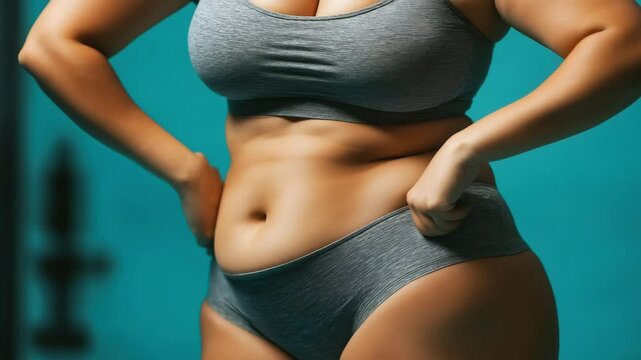 Unrecognizable body positive young woman in underwear touching her fat belly and sucking in her stomach. Plus size model posing