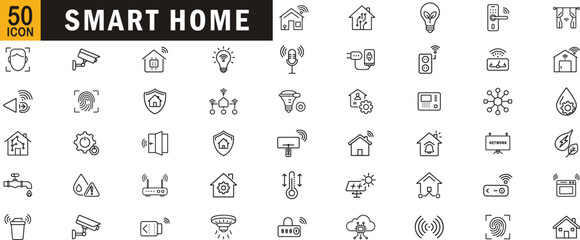 Smart home editable outline icon set. Automation security energy control sensor lighting voice assistant and more.
