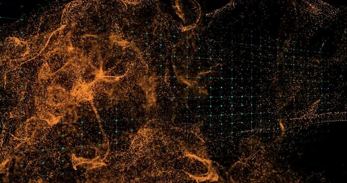 Orange streams swirling from right initiating ECG waveform pulsing across grid showing heartbeat