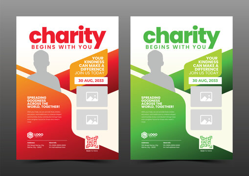 Creative charity flyer template for fundraising and donation events with red and green color variations