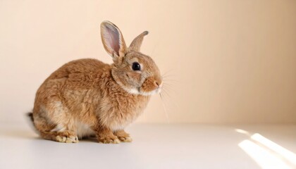 Obraz premium A brown rabbit rests on a beige surface, showcasing soft shadows and detailed fur in neutral tones.