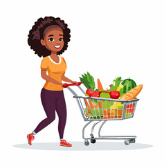 A smiling woman pushes a shopping cart full of fresh produce and bread.