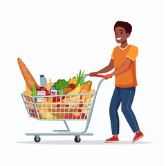 Smiling man pushing a grocery cart overflowing with various food items.