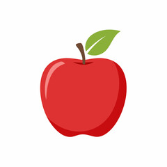 A single, ripe red apple with a green leaf sits against a plain white background.