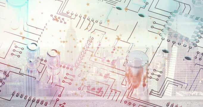Particles drifting across circuit board after skyline overlay appearing to show high-tech theme