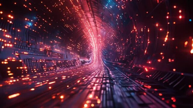 Futuristic glowing data tunnel with flowing digital lights in vibrant cyberpunk colors symbolizing high-speed data transfer.