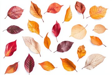 Obraz premium Autumn s vibrant tapestry of fallen leaves captures a seasonal transition on in white background. Generative Ai