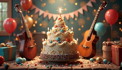 Obraz premium Birthday Cake Celebration with Guitar and Balloons