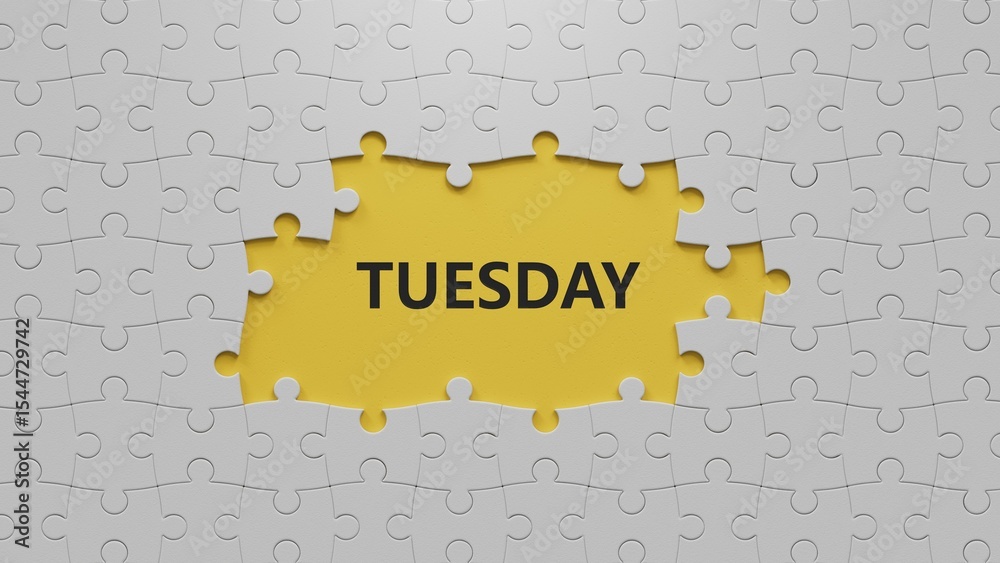 Poster tuesday.the white puzzle pieces with missing pieces spelling.flat lay view with the white puzzle pie