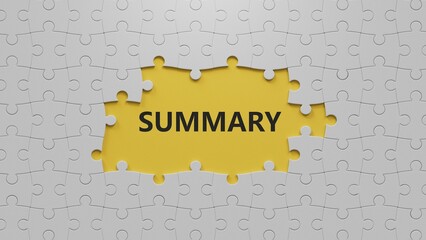 SUMMARY word written on wood The white puzzle pieces with missing pieces.3D rendering on yellow background.