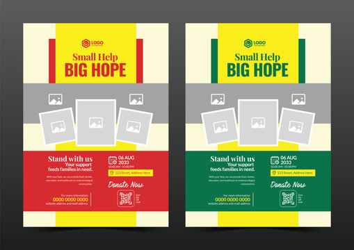 Charity flyer template for fundraising and donation events in red and green color versions