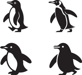 Obraz premium Four Black Silhouette Penguins Different Poses silhouettes 1