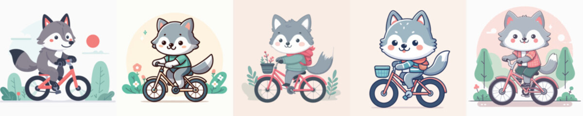 cute wolf riding a bike vector