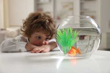 Little boy with goldfish in aquarium on table at home