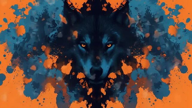 Captivating wolf portrait art with vivid orange and blue watercolor background