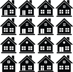 Sixteen black and white house icons variations in design and window configurations