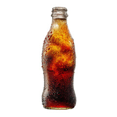 Chilled glass bottle filled with dark soda, covered in condensation, showcasing refreshing beverage. Perfect for summer enjoyment or social gatherings