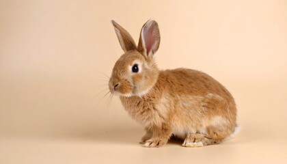 A charming brown rabbit poses gracefully against a soft beige backdrop, showcasing its detailed fur.