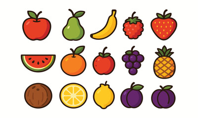 Organic Colorful Fruit Vector Set, Mango banana strawberry orange coconut pineapple watermelon grape and other organic fruits on white background, healthy tropical fruit collection vector illustration