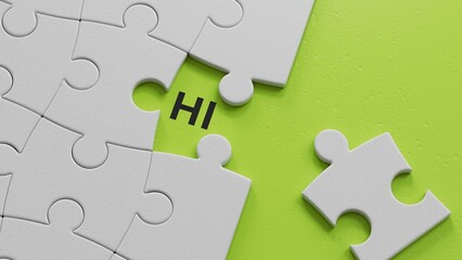 Obraz premium Hi- word concept. Minimalist Abstract Design. close up of The white puzzle pieces with missing pieces,Business Concept. 3D rendering on green background.