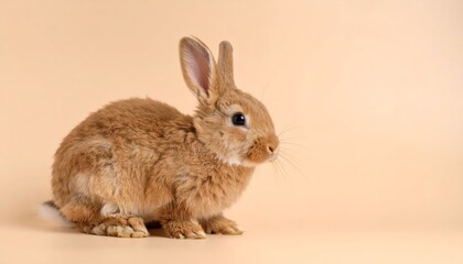 Fototapeta premium A charming brown rabbit sits serenely against a plain beige backdrop, showcasing soft shadows.