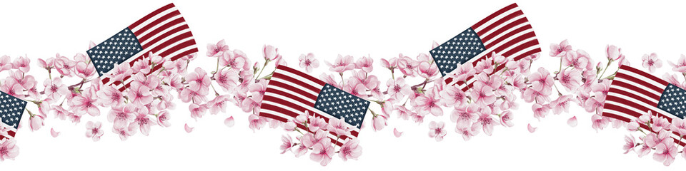 Seamless border with sakura flowers and the USA flag. National Cherry Blossom Festival. Flag Day. Small pink flowers. Blooming sakura branch. Watercolor illustration. Hand drawn. © Alena Sid