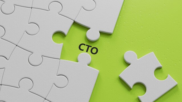 word cto with The white puzzle pieces with missing pieces.close up of The white puzzle pieces with missing pieces,Business Concept.3D rendering on green background.