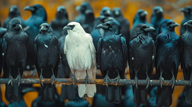 Group of black crows with one white crow standing out symbolizing uniqueness and individuality.