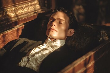 Sunlit portrait of a deceased gentleman lying in an antique coffin, wearing a ruffled shirt and dark jacket, creating a scene of historical mourning and remembrance