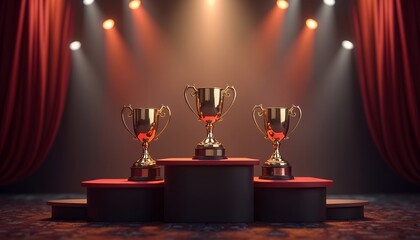 Three gold trophies on podium