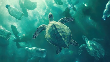 Fototapeta premium Ocean Turtle Surrounded by Plastic Waste Depicting Environmental Pollution and the Impact of Human Activity on Marine Life in a Beautiful Underwater Scene