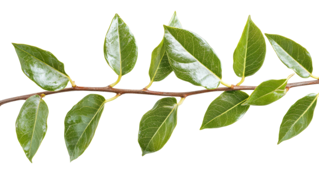 High-detail close-up of perfectly trimmed Portuguese laurel branch with glossy leaves,Transparent background, PNG file