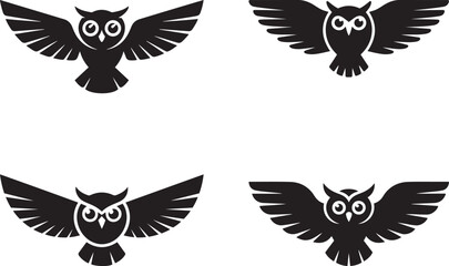 Fototapeta premium Four Black Owls Flying Wings Spread Stylized Icons