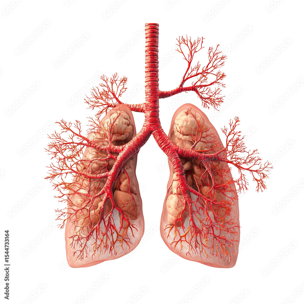 Aufkleber Anatomical illustration of human lungs showing detailed structure and branching bronchi. This educational image highlights respiratory system complexity and function