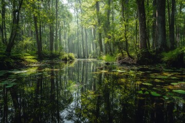 Mysterious swamp scene showcasing nature's serene beauty and enchanting tranquility