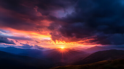 A dramatic sunset over the mountain range, with thick clouds and vibrant hues of pink, orange, and yellow lighting up the sky.