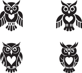 Four Black Owls with White Hearts Simple Design vector