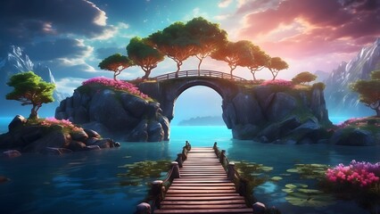 A glowing enchanted bridge leading to a mystical floating island, fantasy and mythology desktop wallpaper backdrop, cinematic HDR vibrant theme colors, promo movie sales poster banner book cover