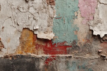 Obraz premium Decayed wall texture featuring vintage paint layers and vibrant remnants for historical architecture and urban design inspirations