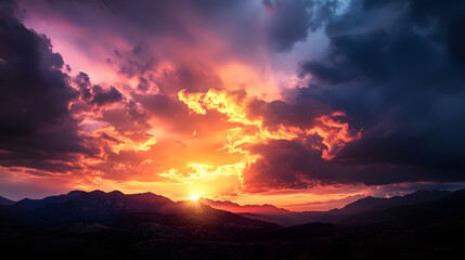 A dramatic sunset over the mountain range, with thick clouds and vibrant hues of pink, orange, and yellow lighting up the sky.