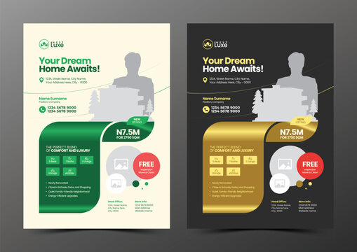 Modern real estate flyer template – elegant property listing design with green and golden color variations. 