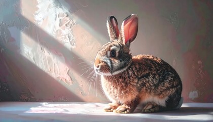 A fluffy brown rabbit sits serenely against a textured backdrop bathed in soft, gentle light.