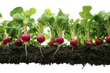 Radishes Growing in a Lush Garden Isolated on White Background, Depth of Field