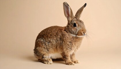 Obraz premium A focused studio shot showcases a brown rabbit with soft fur against a plain, warm beige backdrop.