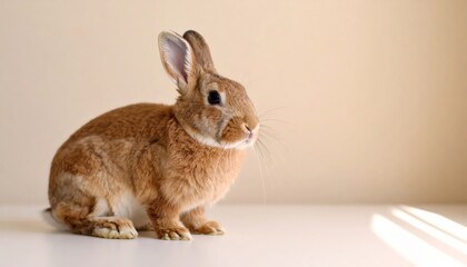 A light brown rabbit poses on a plain beige background, showcasing its soft fur in studio lighting.