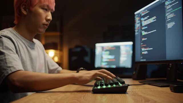Young coder working tirelessly on a computer, illuminated by monitor glow