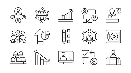 Business people linear icon set. Management, skills, practice, training, networking, knowledge, goal, setting, progress, coaching, meeting outline icons. Ui thin line icon pack.
